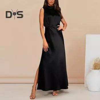 Женское платье для выпускного вечера без рукавов с высокой тонкой талией и боковым разрезом шелковистый воротник-стойка сплошной цвет прямое вечернее платье длиной до щиколотки бальное платье макси S темно-красного