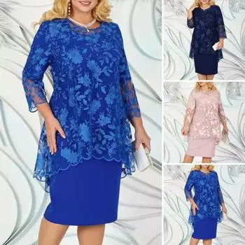 Женское платье для выпускного вечера, большие размеры, двухслойное прозрачное кружевное платье с цветочной вышивкой, рукава три четверти, круглая шея 3XL королевский синий