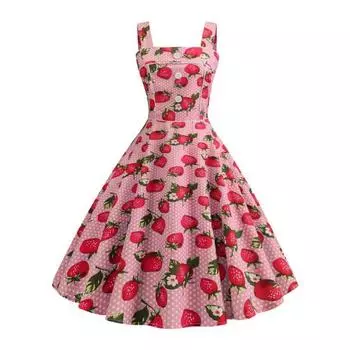Женское платье для выпускного вечера с клубничным принтом трапециевидной формы, большие качели, винтажный декор на пуговицах, без рукавов, на молнии сзади, с высокой талией, с открытой спиной и квадратным вырезом, коктейльное платье миди L розы красного