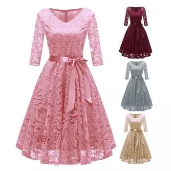 Женское платье для выпускного вечера с V-образным вырезом и молнией сзади с бантом на поясе с узкой талией и цветочной вышивкой трапециевидной формы со свободным подолом и длинными рукавами, двойные слои, элегантная вечеринка, банкет M вино красного