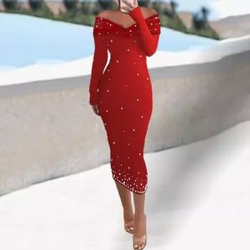 Женское платье для выпускного вечера с открытыми плечами и длинными рукавами Узкая плиссированная сетка в стиле пэчворк с V-образным вырезом длиной до середины икры Узкая талия Оболочка Мягкая женская осень-весна L красный