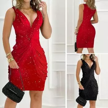 Женское платье для выпускного вечера с глубоким вырезом, глубоким V-образным вырезом, облегающим, с высокой талией, узлом, плиссированное, блестящее, пудровое, без рукавов, длиной выше колена, женское облегающее мини-платье 2XL чёрный