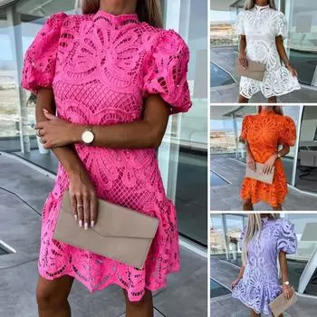 Женское платье для выпускного вечера с воротником-стойкой, кружевное платье с пышными рукавами, темпераментное ажурное платье, стильное вечернее платье с короткими рукавами, женская одежда