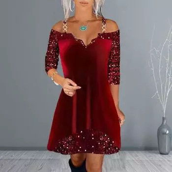 Женское платье для выпускного вечера с блестящими цепочками и блестками на плечевом ремне с глубоким вырезом и V-образным вырезом с открытыми плечами трапециевидной формы с длинными рукавами весенне-осеннее мини-платье вечернее платье L красный