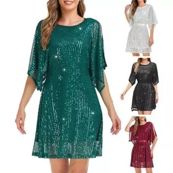 Женское платье для выпускного вечера с половиной разреза и рукавами «летучая мышь» с круглым вырезом, свободное блестящее двухслойное платье с блестками и поясом, плотное с высокой талией, мягкое клубное вечернее женское мини-платье S