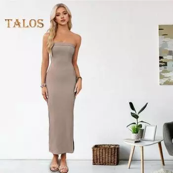 Женское платье для выпускного вечера с открытыми плечами, бандо без рукавов и открытой спины, облегающее, однотонное, с разрезом по бокам, эластичное клубное вечернее платье, макси-платье S синий