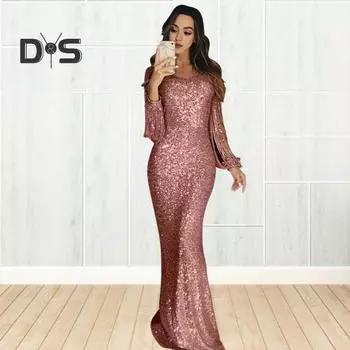 Женское платье для выпускного вечера с кисточками и рукавами-футляром, облегающее платье с V-образным вырезом, однотонное вечернее платье с блестками и рыбьим хвостом, коктейльное платье макси S шампанского