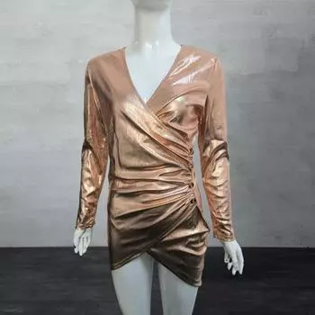 Женское платье для выпускного вечера с глубоким V-образным вырезом, облегающее, с высокой талией, плиссированное, блестящее, с длинным рукавом, неровным подолом, длиной выше колена, облегающее мини-платье S чёрный