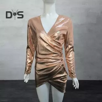 Женское платье для выпускного вечера с глубоким V-образным вырезом, облегающее, с высокой талией, плиссированное, блестящее, с длинным рукавом, неровным подолом, длиной выше колена, облегающее мини-платье S чёрный