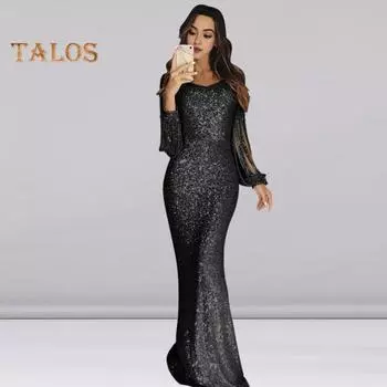 Женское платье для выпускного вечера с кисточками и рукавами-футляром, облегающее платье с V-образным вырезом, однотонное вечернее платье с блестками и рыбьим хвостом, коктейльное платье макси S шампанского