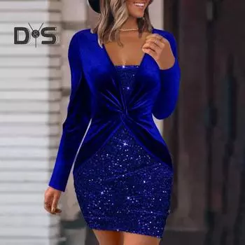 Женское платье для выпускного вечера с глубоким V-образным вырезом, облегающее, с высокой талией, плиссированное, блестящее, с длинными рукавами, длиной выше колена, облегающее мини-платье S красный