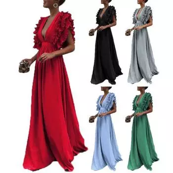 Женское платье для выпускного вечера с летающими рукавами и оборками с глубоким вырезом и глубоким V-образным вырезом, плиссированное платье длиной до пола, вечернее платье с высокой талией, одежда для коктейлей 2XL чёрный