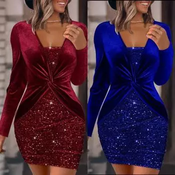 Женское платье для выпускного вечера с низким вырезом, глубоким V-образным вырезом, облегающим, с высокой талией, узлом, плиссированным, блестящим, пудровым, с длинными рукавами, длиной выше колена, женское облегающее мини-платье S красный