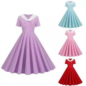 Женское платье для выпускного вечера Vinatge 50-х годов, вечернее короткое платье трапециевидной формы с большим рукавом и v-образным вырезом, декор на пуговицах, поддельное двубортное спрятанное M красный