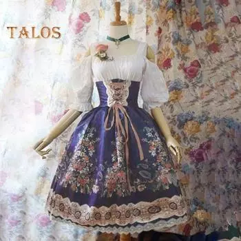 Женское платье для выступлений в стиле принцессы Лолиты трапециевидной формы без рукавов с квадратным вырезом и кружевом с цветочным принтом в королевском стиле на шнуровке с открытыми плечами L вино красного