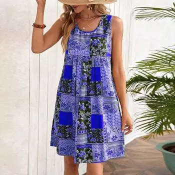 Женское платье-двойка с имитацией розы в стиле ретро, без рукавов, с круглым вырезом, свободное, мягкое и удобное, большого размера XS синий