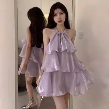 Женское платье Ezgaga, элегантное милое сетчатое платье без рукавов с оборками, Свободное летнее новое мини-платье для торта, однотонное сексуальное женское повседневное сказочное платье S бежевый