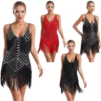 Женское платье-флаппер в стиле 1920-х годов с бахромой и пайетками, V-образным вырезом, регулируемыми бретелями, костюм для тематических вечеринок, латинские танцы L чёрный/серебряный