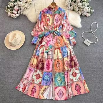 Женское платье-фонарик с длинными рукавами, утягивающее платье, стоячая горловина, пояс в стиле ретро, платья для пляжных праздников, сексуальное платье А-силуэта, весна, новинка S