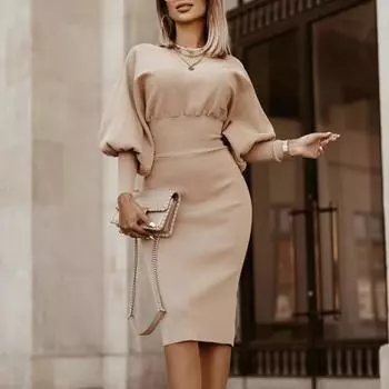 Женское платье-фонарик с длинными рукавами, однотонное, с зауженной талией, элегантное, из полиэстера, повседневное, для офиса, повседневной жизни, для вечеринок, сандалии на высоком каблуке M бежевый