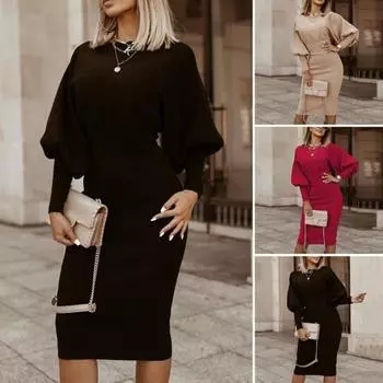 Женское платье-фонарик с длинными рукавами, однотонное, с зауженной талией, элегантное, из полиэстера, повседневное, для офиса, повседневной жизни, для вечеринок, сандалии на высоком каблуке M бежевый