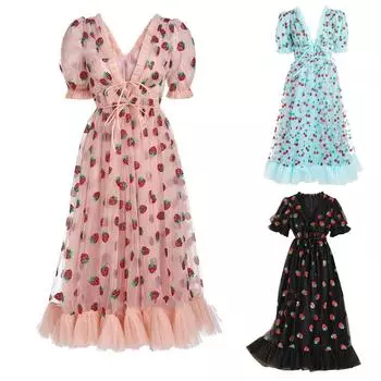 Женское платье, французская клубника, двухцветная длинная юбка с блестками, сетчатое платье с завязками L чёрный