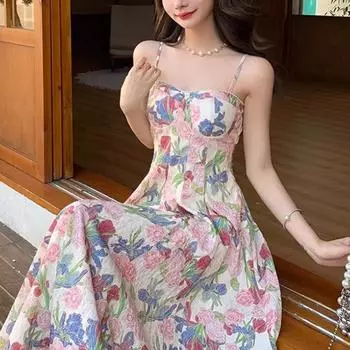 Женское платье Французское нежное ветровое цветочное платье-халтер Летнее темпераментное высококачественное чувство маленького длинное платье M