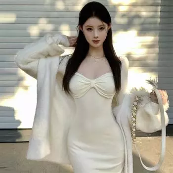 Женское платье French Pure Desire с квадратным вырезом и длинными рукавами, облегающее подол S абрикосовый