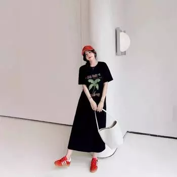 Женское платье-футболка большого размера с принтом, длинное выше колена, летнее повседневное платье с короткими рукавами и ленивым ветром M чёрный