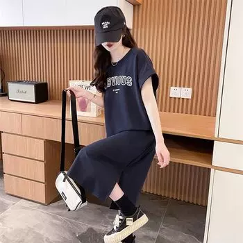 Женское платье-футболка, летнее, ленивое, свободное, утягивающее, с разрезом, короткими рукавами L тёмно-синий