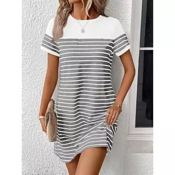 Женское платье-футболка, летнее платье, официальное, офисное, стандартного кроя, с графическими полосками, короткий рукав, лето-весна S