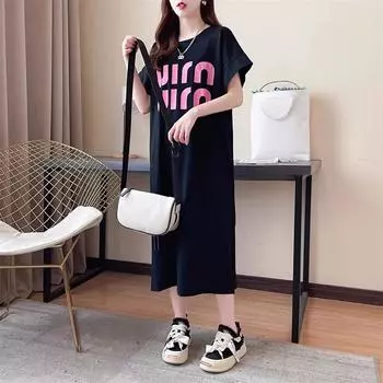Женское платье-футболка, летнее, повседневное, с коротким рукавом, свободным разрезом, ленивое платье для беременных M чёрный
