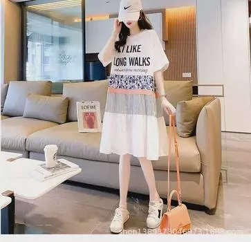 Женское платье-футболка с цветным принтом и буквами 2022 года, плиссированное, с короткими рукавами, средней длины, больших размеров L синий