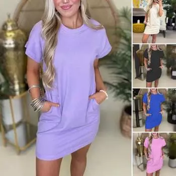 Женское платье-футболка с коротким рукавом, повседневное короткое платье с круглым вырезом и карманами, летнее мини-платье-футболка M фиолетовый