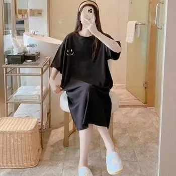 Женское платье-футболка с короткими рукавами и разрезом, летнее, средней длины, выше колена, повседневное платье большого размера с изображением мясной маски и улыбающегося лица M белый