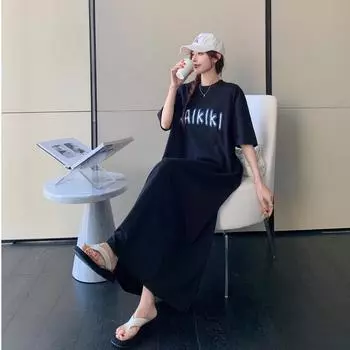 Женское платье-футболка с принтом «ленивые буквы» в длинном свободном повседневном платье выше колена M чёрный