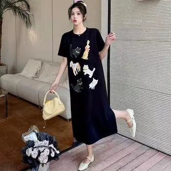 Женское платье-футболка с принтом, летнее свободное повседневное длинное платье для девочек M чёрный