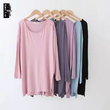 Женское платье-футболка с рукавами «летучая мышь» из модала и хлопка: Модель средней длины, с длинным рукавом, коротким передом и длинной спинкой для повседневной носки XL