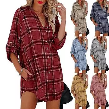 Женское платье-футболка с v-образным вырезом и длинным рукавом. Новое женское верхнее платье-миди. Модное платье-рубашка в квадратную сетку. Повседневные блузки с воротником с лацканами. XXXL чёрный