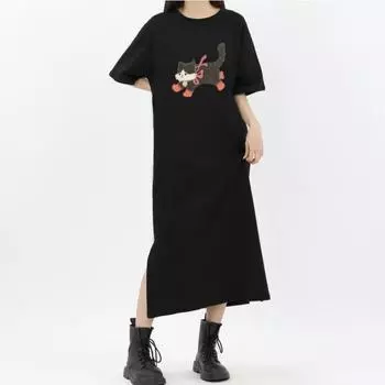 Женское платье-футболка свободного кроя большого размера Port Style Design Sense с короткими рукавами и разрезом средней длины M чёрный