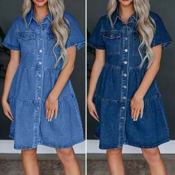 Женское платье-футляр А-силуэта в стиле пэчворк с карманами на груди, однобортное платье миди, однотонное летнее платье с отложным воротником S синий