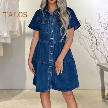 Женское платье-футляр А-силуэта в стиле пэчворк с карманами на груди, однобортное платье миди, однотонное летнее платье с отложным воротником, молодежный стиль S темно-синий