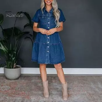 Женское платье-футляр А-силуэта в стиле пэчворк с карманами на груди, однобортное платье миди, однотонное летнее платье с отложным воротником, молодежный стиль S темно-синий