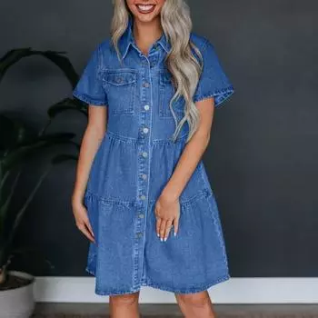 Женское платье-футляр А-силуэта в стиле пэчворк с карманами на груди, однобортное платье миди, однотонное летнее платье с отложным воротником, молодежный стиль S темно-синий