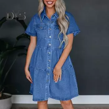 Женское платье-футляр А-силуэта в стиле пэчворк с карманами на груди, однобортное платье миди, однотонное летнее платье с отложным воротником, молодежный стиль S синий