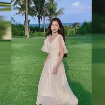 Женское платье-футляр из шифона с V-образным вырезом и подтяжками, светло-абрикосового цвета, 2024 г., длина выше колена Small абрикосовый света