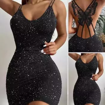 Женское платье-футляр облегающее мини-платье с перекрестными бретелями и бабочкой на спине, плиссированное, с V-образным вырезом, без рукавов, блестящее короткое платье для выпускного вечера в клубе S чёрный