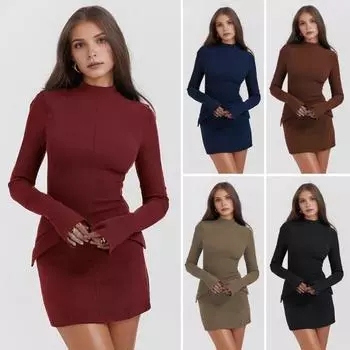 Женское платье-футляр облегающего кроя с воротником-стойкой и имитацией кармана, однотонное, с длинными рукавами, для свиданий, шопинга, поездок на работу, мини-платье XS синий