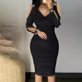 Женское платье-футляр, плиссированное, с глубоким V-образным вырезом, однотонное, до колена, облегающее, эластичное, мягкое, вечернее, клубное, мини-платье M синий