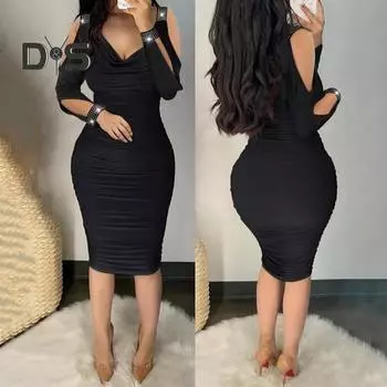 Женское платье-футляр, плиссированное, с глубоким V-образным вырезом, однотонное, до колена, облегающее, эластичное, мягкое, вечернее, клубное, мини-платье M синий